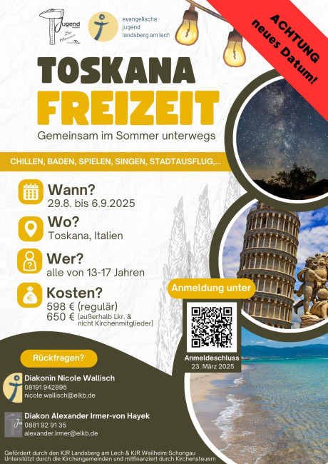 Flyer mit Bildern aus der Toskana & Sternenhimmel mit einigen Infos zur Freizeit